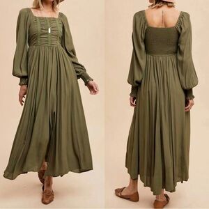 NWOT In Loom smocked olive colored maxi dress | Size: Small
